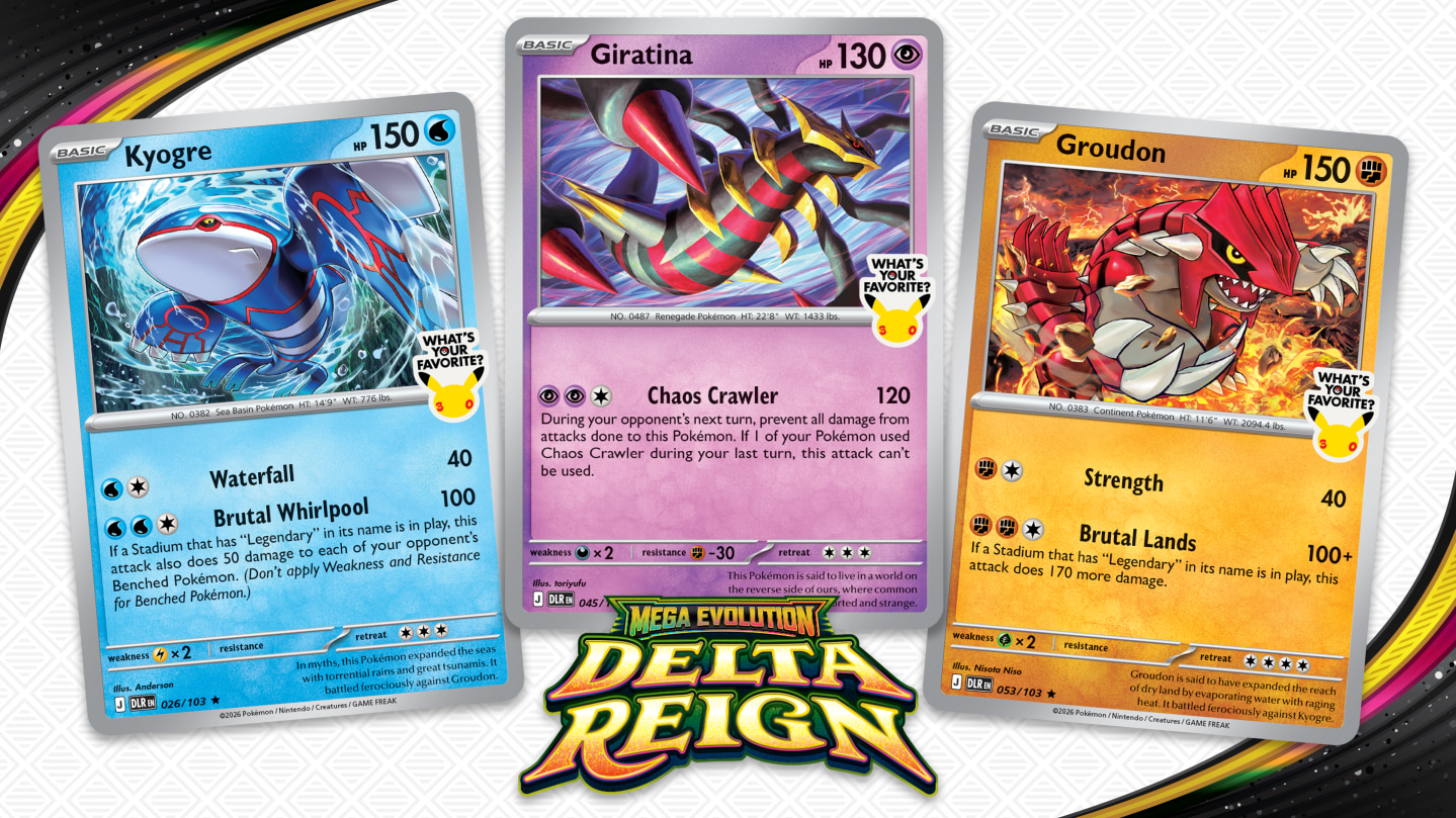 Kyogre, Giratina and Groudon anniversary-stamped Delta Reign promos together